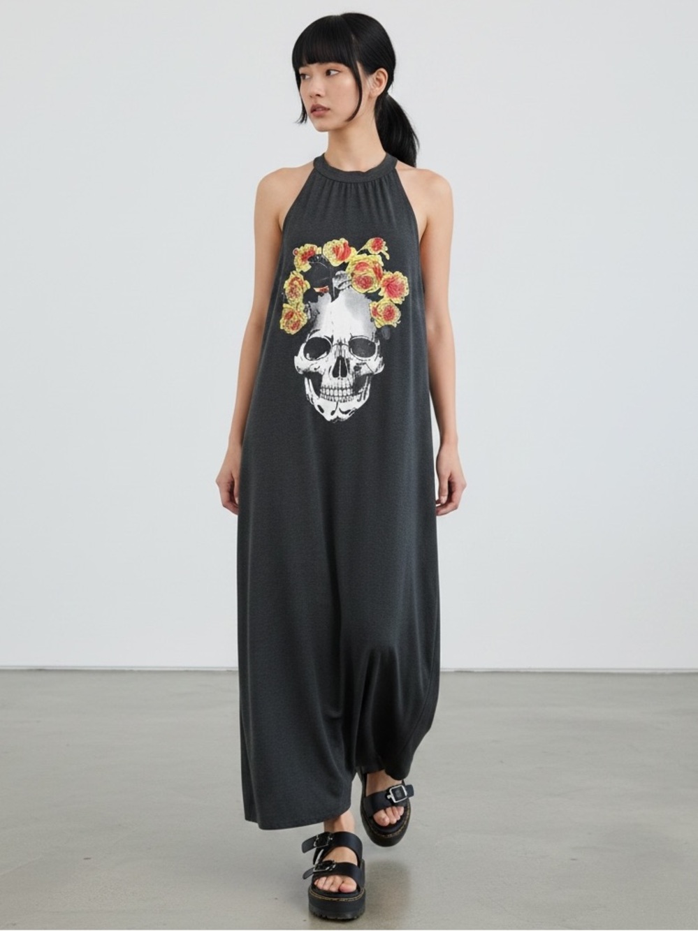 Boho Goth Jersey Skull & Florals Maxi Tank Dress - Large